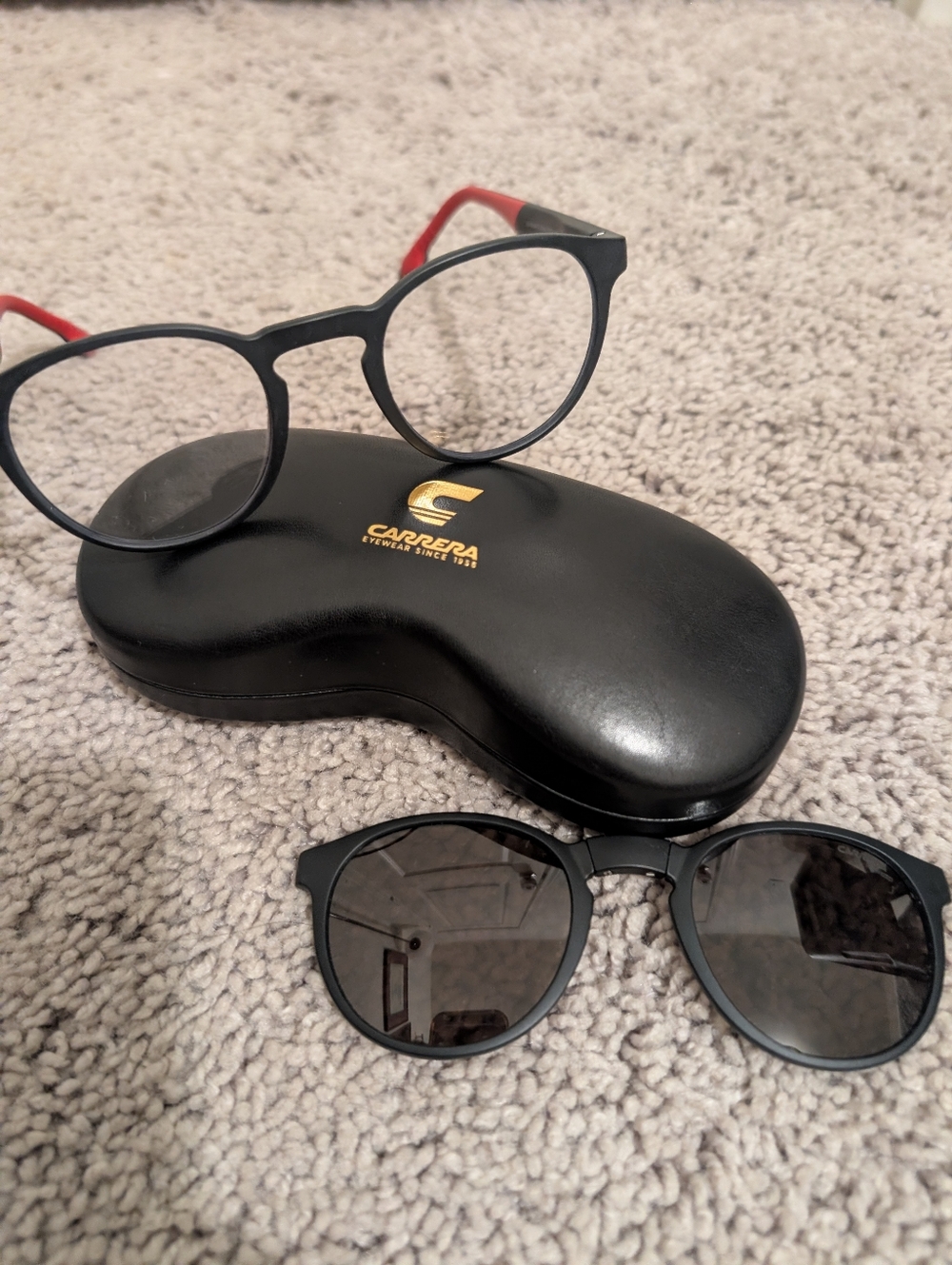 Carrera Black Eyeglasses & Sunglasses Set with Red Temple Tips